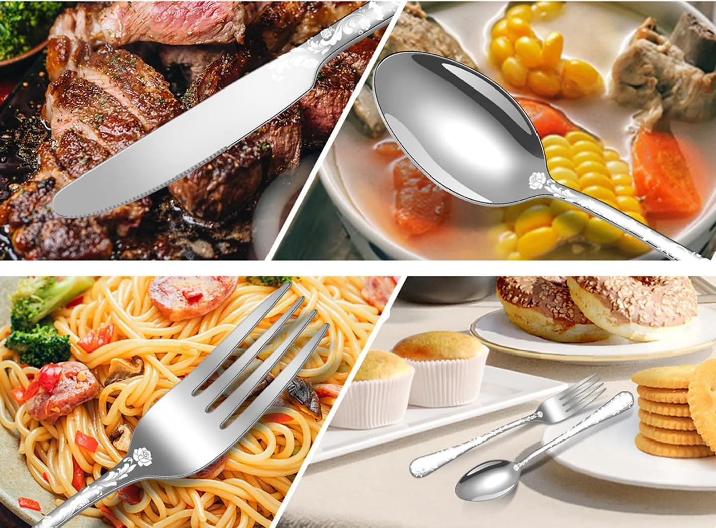 XIAOYU Halloween Skeleton Silverware Set, 24 Piece Stainless Steel Flatware Set Service for 6, Gothic Skull Cutlery Set Utensils for Halloween Easter Christmas, Silver