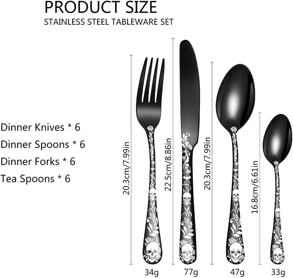 XIAOYU Halloween Skeleton Silverware Set, 24 Piece Stainless Steel Flatware Set Service for 6, Gothic Skull Cutlery Set Utensils for Halloween Easter Christmas, Silver