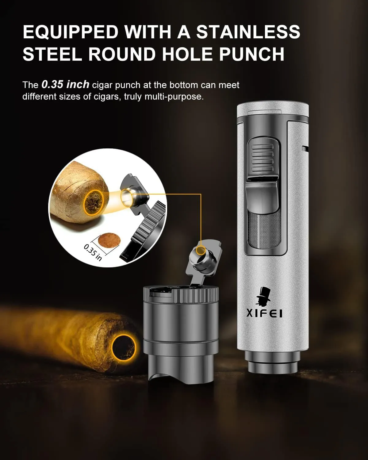 XIFEI Cigar Lighter, Refillable Torch Lighter with Cigar Punch, Cigar Draw Enhancer, Cigar Holder, Windproof Adjustable Jet Flame Butane Lighters, 4-in-1 Lighter (Silver)