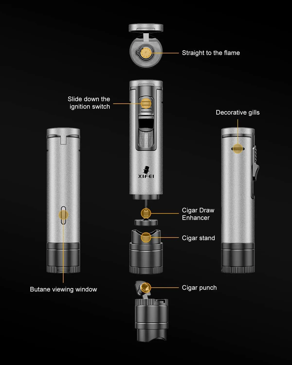 XIFEI Cigar Lighter, Refillable Torch Lighter with Cigar Punch, Cigar Draw Enhancer, Cigar Holder, Windproof Adjustable Jet Flame Butane Lighters, 4-in-1 Lighter (Silver)