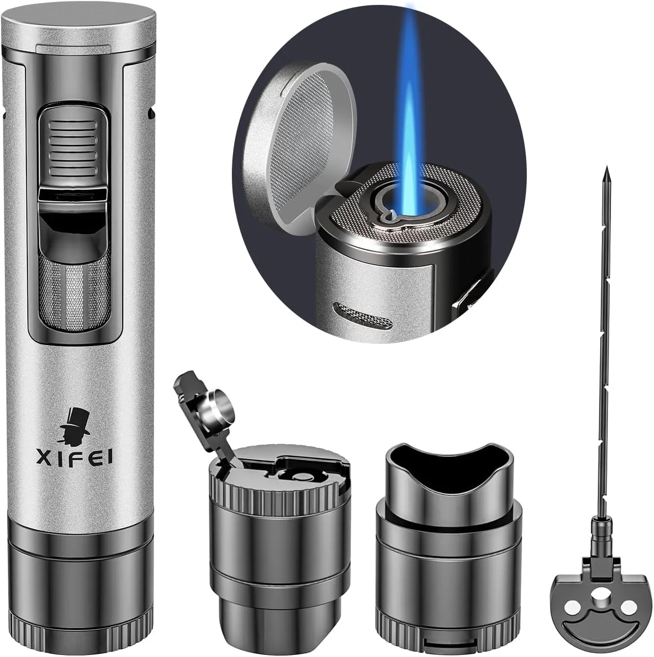 XIFEI Cigar Lighter, Refillable Torch Lighter with Cigar Punch, Cigar Draw Enhancer, Cigar Holder, Windproof Adjustable Jet Flame Butane Lighters, 4-in-1 Lighter (Silver)