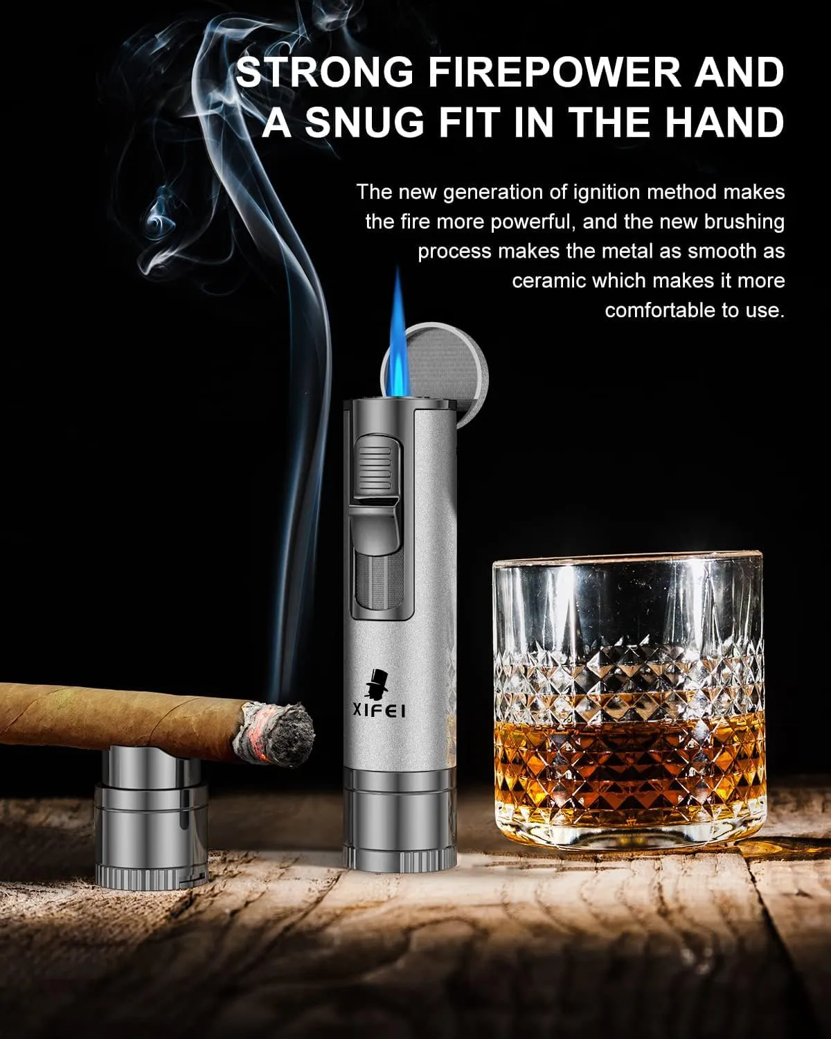 XIFEI Cigar Lighter, Refillable Torch Lighter with Cigar Punch, Cigar Draw Enhancer, Cigar Holder, Windproof Adjustable Jet Flame Butane Lighters, 4-in-1 Lighter (Silver)