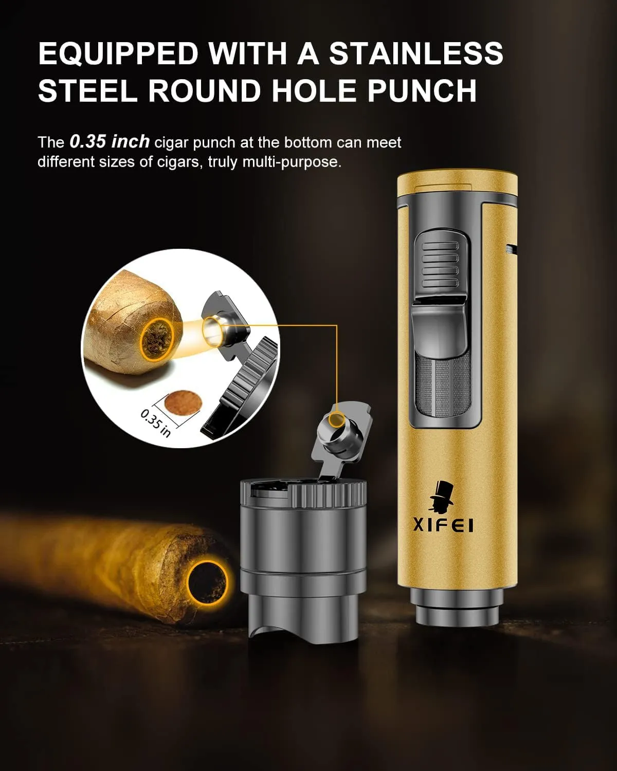 XIFEI Cigar Torch Lighter, 4-in-1 Butane Lighter with Cigar Punch, Cigar Holder, Cigar Draw Enhancer, Windproof Refillable Lighters with Gift Box, Multi-Functional Cigar Accessories (Yellow)
