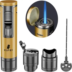 XIFEI Cigar Torch Lighter, 4-in-1 Butane Lighter with Cigar Punch, Cigar Holder, Cigar Draw Enhancer, Windproof Refillable Lighters with Gift Box, Multi-Functional Cigar Accessories (Yellow)