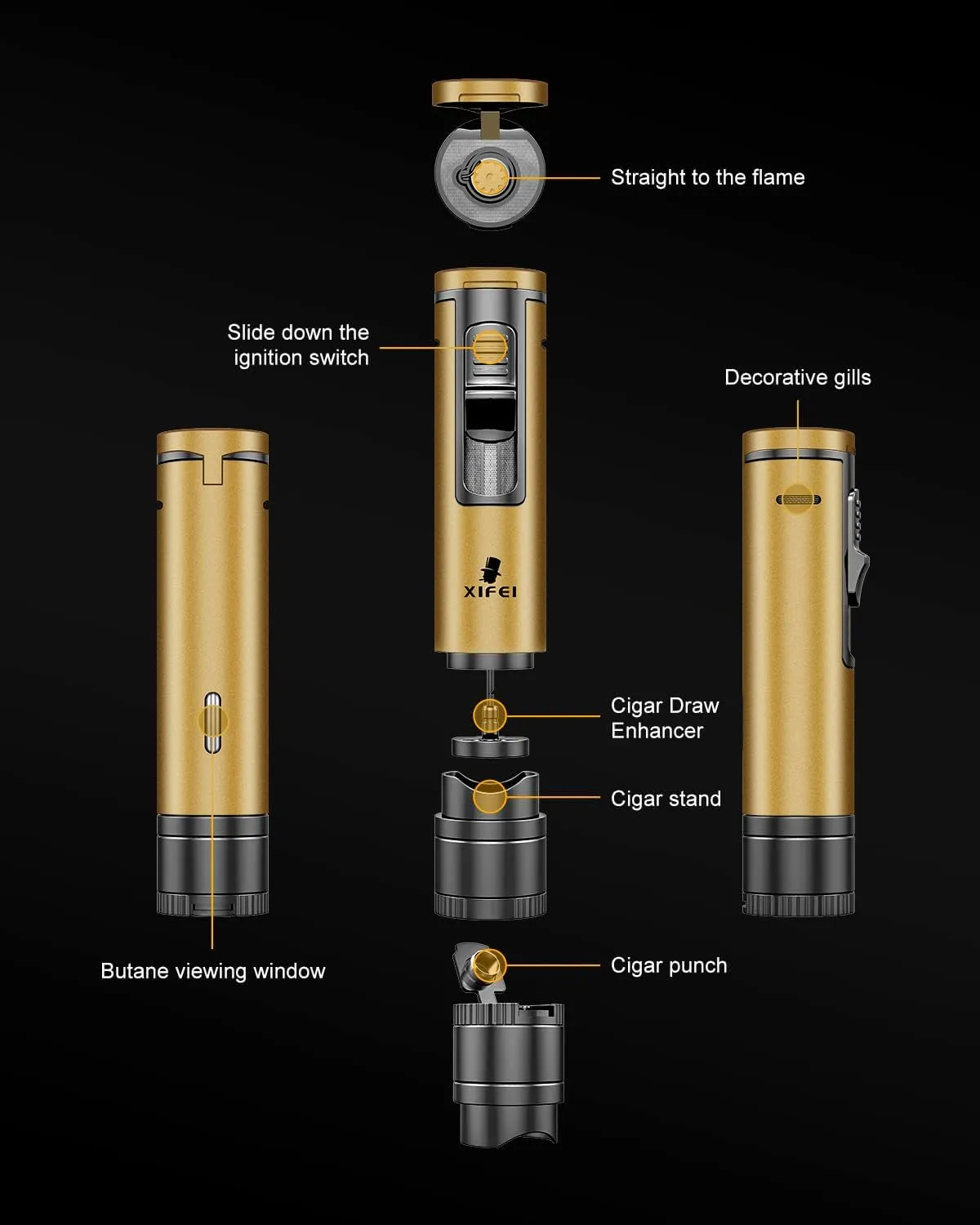XIFEI Cigar Torch Lighter, 4-in-1 Butane Lighter with Cigar Punch, Cigar Holder, Cigar Draw Enhancer, Windproof Refillable Lighters with Gift Box, Multi-Functional Cigar Accessories (Yellow)