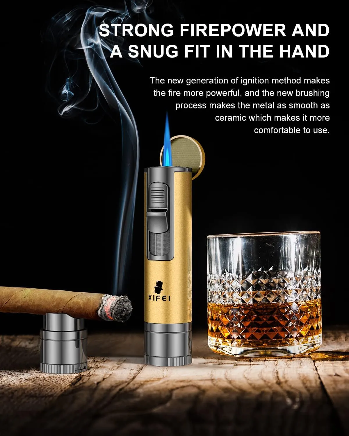 XIFEI Cigar Torch Lighter, 4-in-1 Butane Lighter with Cigar Punch, Cigar Holder, Cigar Draw Enhancer, Windproof Refillable Lighters with Gift Box, Multi-Functional Cigar Accessories (Yellow)