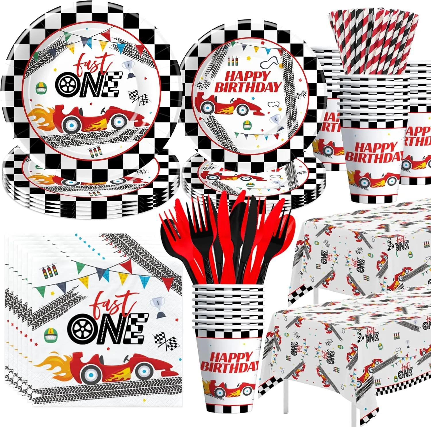 Xigejob Race Car 1st Birthday Party Supplies - Race Car Theme Fast One Birthday Decorations Tableware, Paper Plate, Napkin, Cup, Tablecloth, Disposable Cutlery | Serves 24