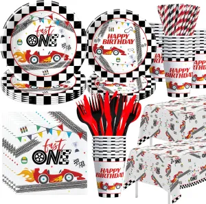 Xigejob Race Car 1st Birthday Party Supplies - Race Car Theme Fast One Birthday Decorations Tableware, Paper Plate, Napkin, Cup, Tablecloth, Disposable Cutlery | Serves 24