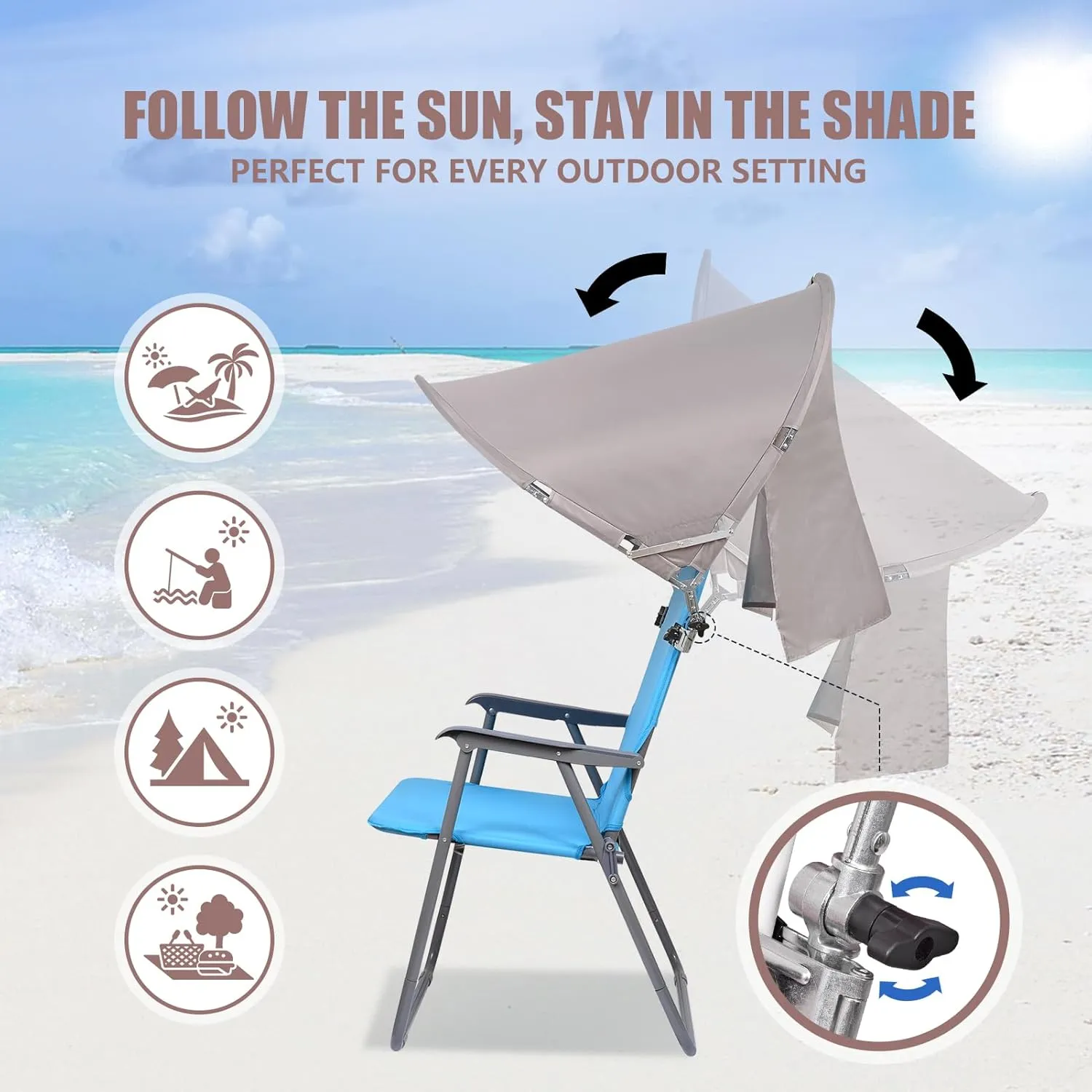 XL Universal Chair Canopy Umbrella, UPF 50  Foldable Sun Shade Attachment with Adjustable Clamp for Beach, Camping, Sports, Outdoor, Lawn, Tanning, Zero Gravity Chairs, Wagon, Wheelchair, Patented