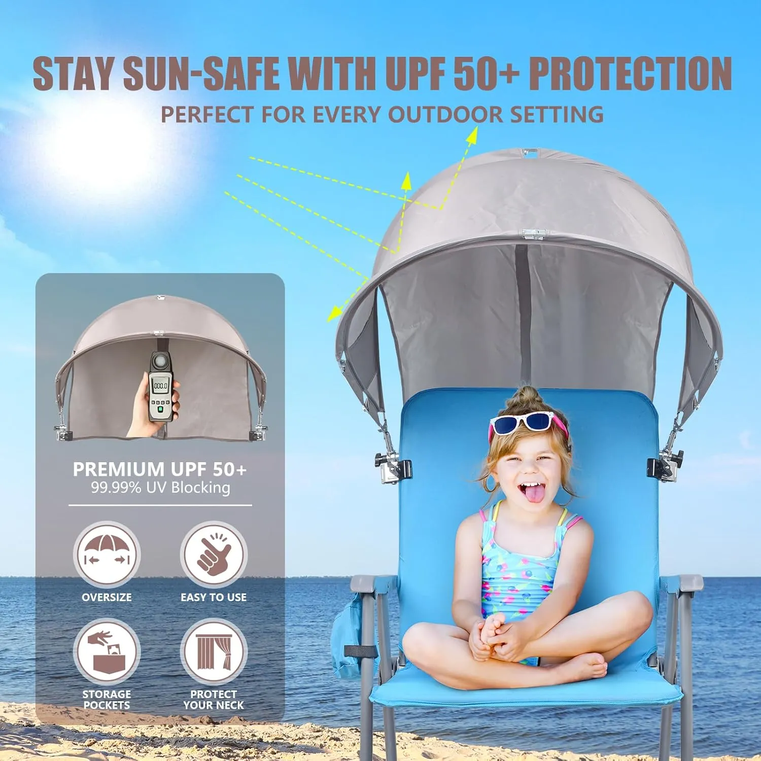 XL Universal Chair Canopy Umbrella, UPF 50  Foldable Sun Shade Attachment with Adjustable Clamp for Beach, Camping, Sports, Outdoor, Lawn, Tanning, Zero Gravity Chairs, Wagon, Wheelchair, Patented