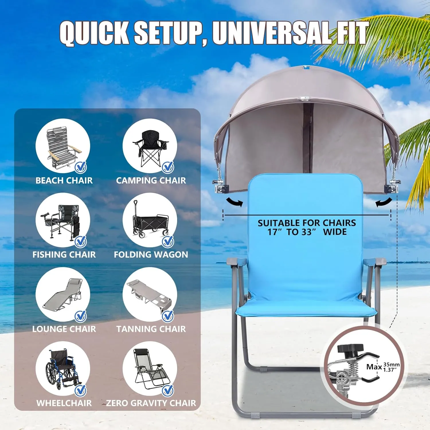 XL Universal Chair Canopy Umbrella, UPF 50  Foldable Sun Shade Attachment with Adjustable Clamp for Beach, Camping, Sports, Outdoor, Lawn, Tanning, Zero Gravity Chairs, Wagon, Wheelchair, Patented