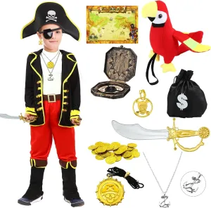 Xtinmee 64 Pcs Halloween Pirate Costume Kids Set Boy Pirate Role Play Dress up Set Sword Hat Earring Purse Coins Accessories