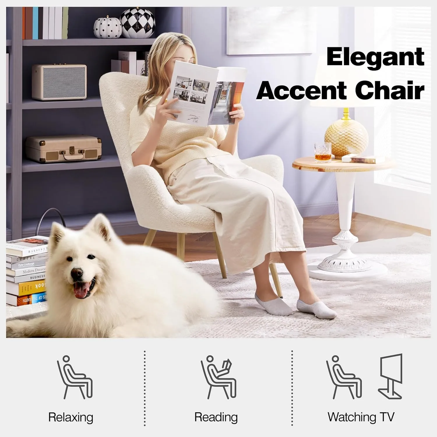 Yaheetech Accent Chair, Modern Boucle Vanity Chair with High Back and Wood-Tone Metal Legs, Sherpa Chair for Living Room, Home Office, Ivory