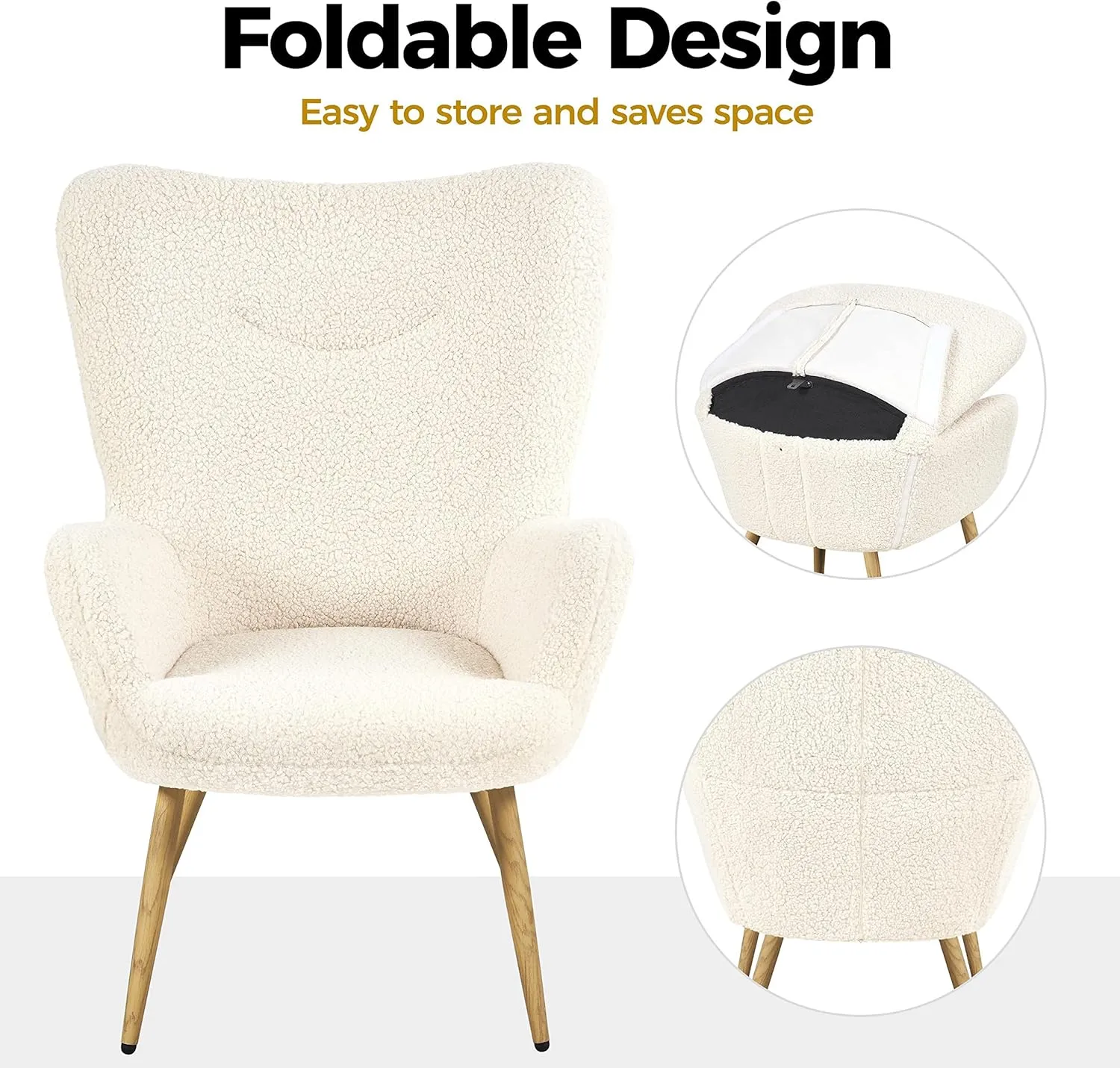 Yaheetech Accent Chair, Modern Boucle Vanity Chair with High Back and Wood-Tone Metal Legs, Sherpa Chair for Living Room, Home Office, Ivory