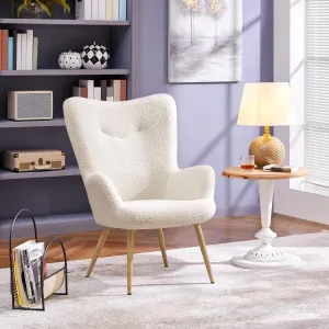 Yaheetech Accent Chair, Modern Boucle Vanity Chair with High Back and Wood-Tone Metal Legs, Sherpa Chair for Living Room, Home Office, Ivory