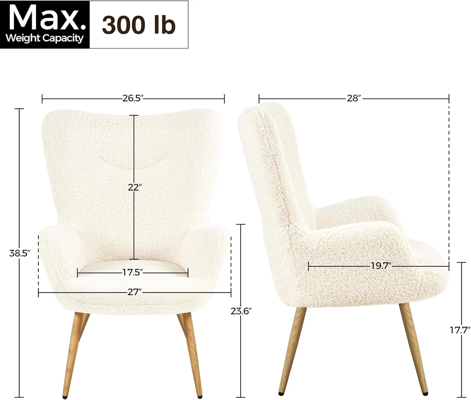 Yaheetech Accent Chair, Modern Boucle Vanity Chair with High Back and Wood-Tone Metal Legs, Sherpa Chair for Living Room, Home Office, Ivory
