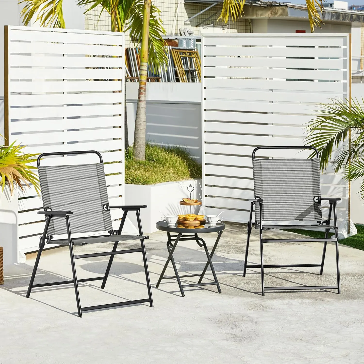 Yaheetech Outdoor Patio Chairs Set of 2, Folding Patio Chairs with Metal Frame, Armrests, Portable Dining Chairs for Camping, Lawn, Garden and Porch, Gray