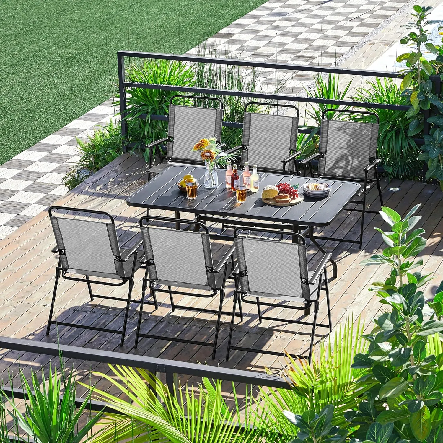 Yaheetech Outdoor Patio Chairs Set of 2, Folding Patio Chairs with Metal Frame, Armrests, Portable Dining Chairs for Camping, Lawn, Garden and Porch, Gray