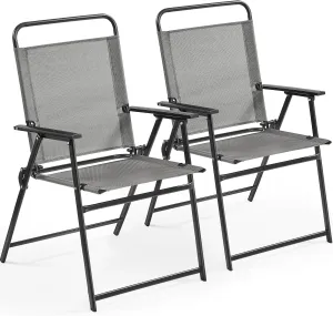 Yaheetech Outdoor Patio Chairs Set of 2, Folding Patio Chairs with Metal Frame, Armrests, Portable Dining Chairs for Camping, Lawn, Garden and Porch, Gray