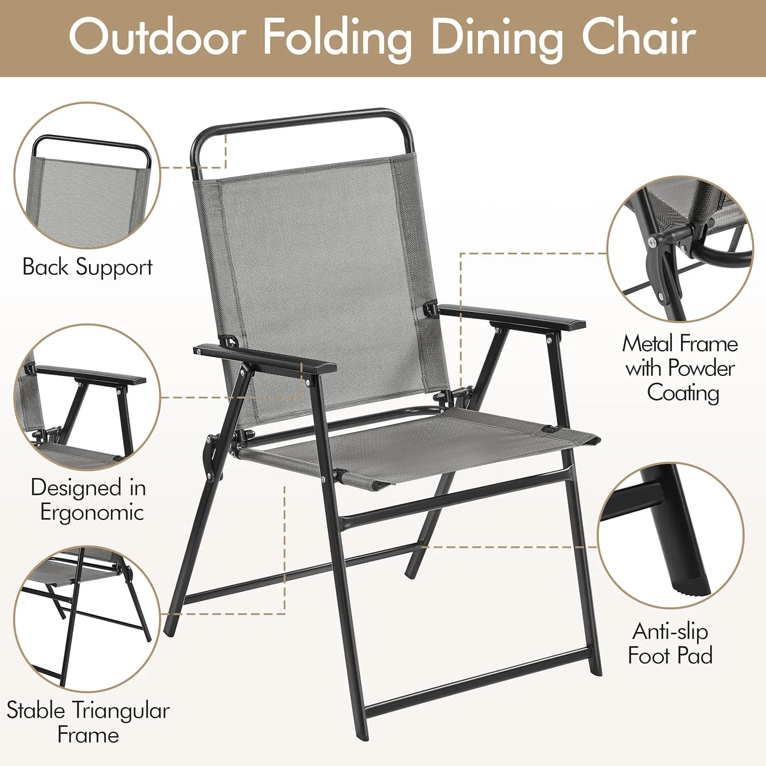 Yaheetech Outdoor Patio Chairs Set of 2, Folding Patio Chairs with Metal Frame, Armrests, Portable Dining Chairs for Camping, Lawn, Garden and Porch, Gray