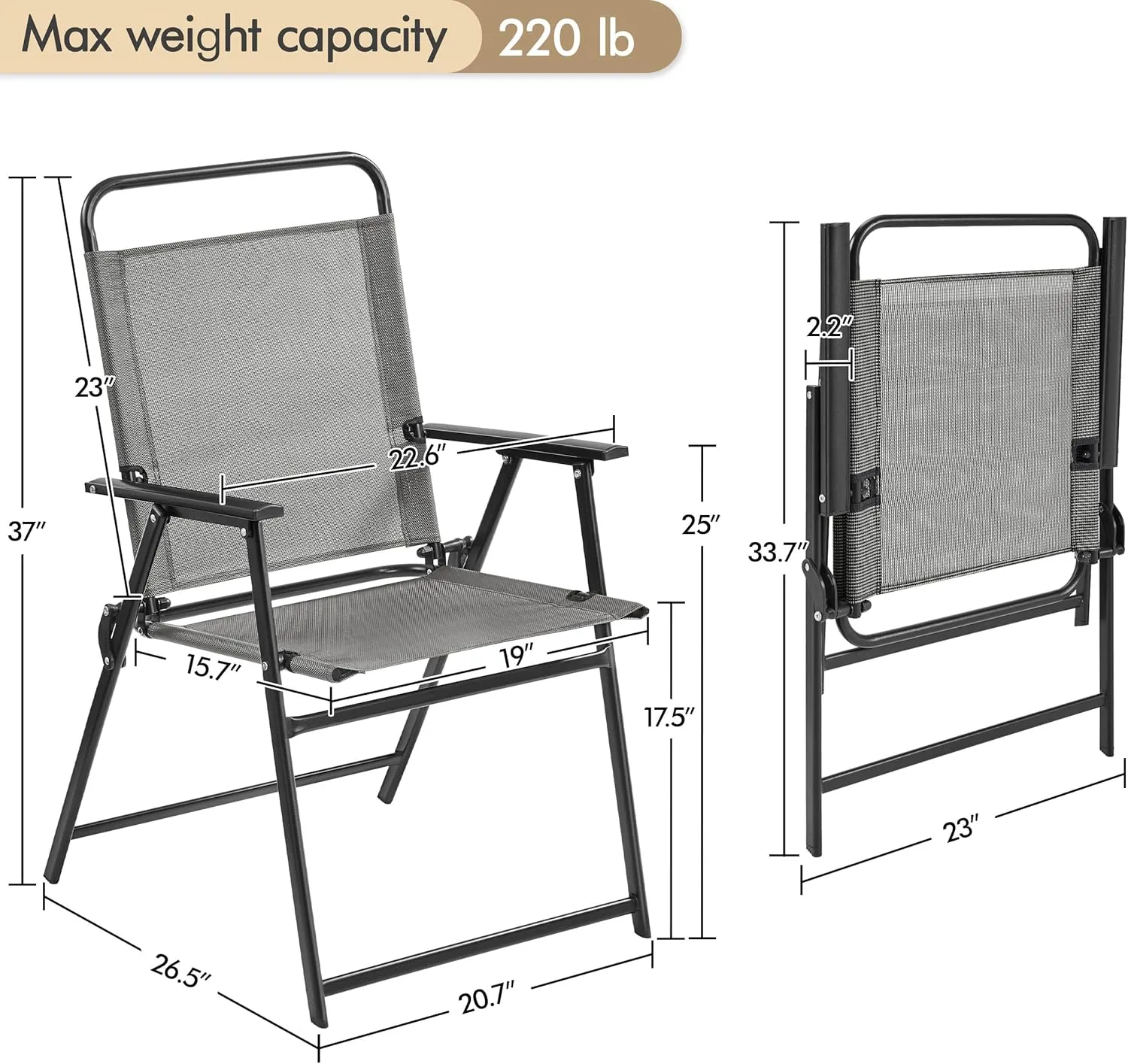 Yaheetech Outdoor Patio Chairs Set of 2, Folding Patio Chairs with Metal Frame, Armrests, Portable Dining Chairs for Camping, Lawn, Garden and Porch, Gray