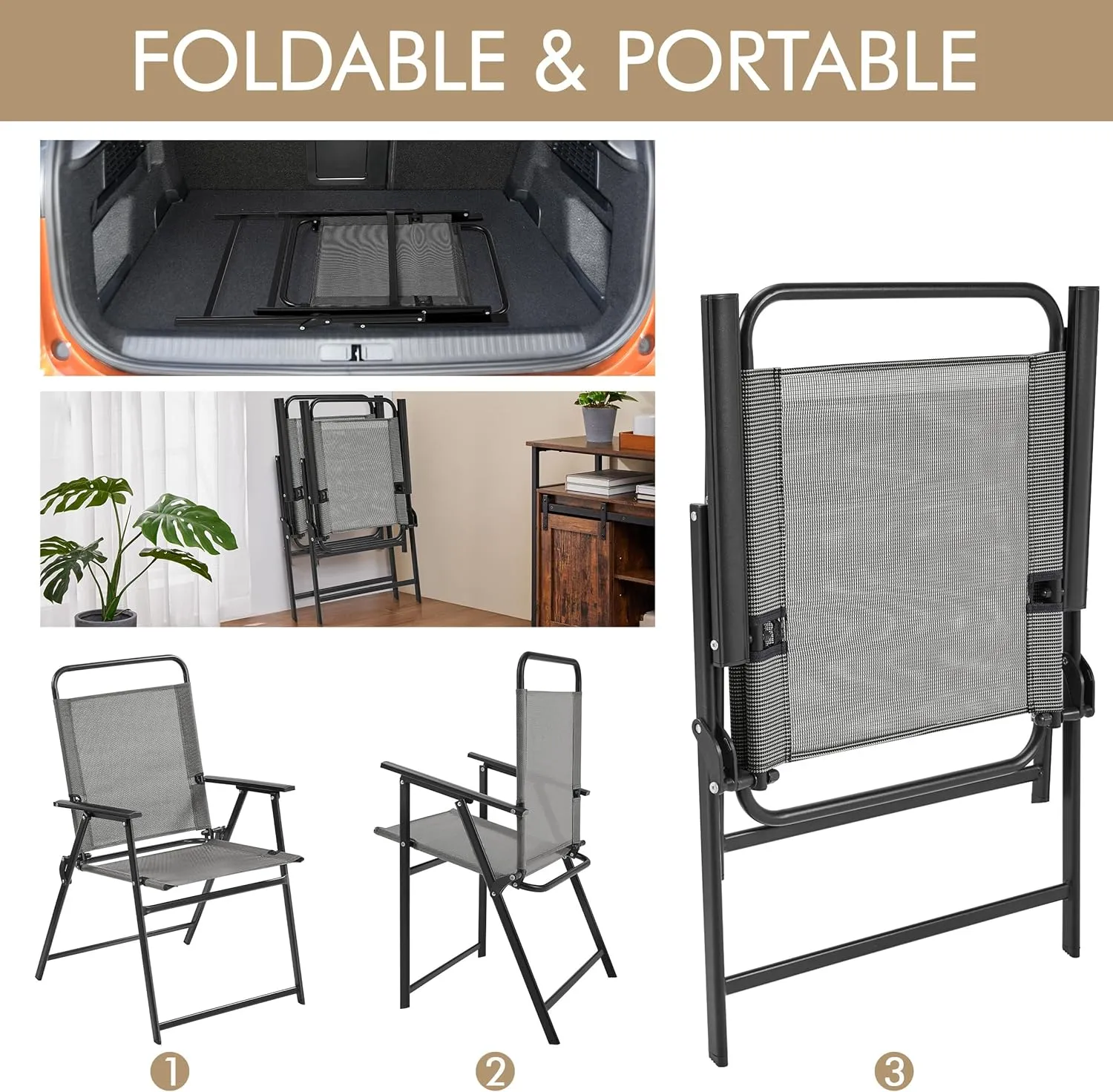 Yaheetech Outdoor Patio Chairs Set of 2, Folding Patio Chairs with Metal Frame, Armrests, Portable Dining Chairs for Camping, Lawn, Garden and Porch, Gray