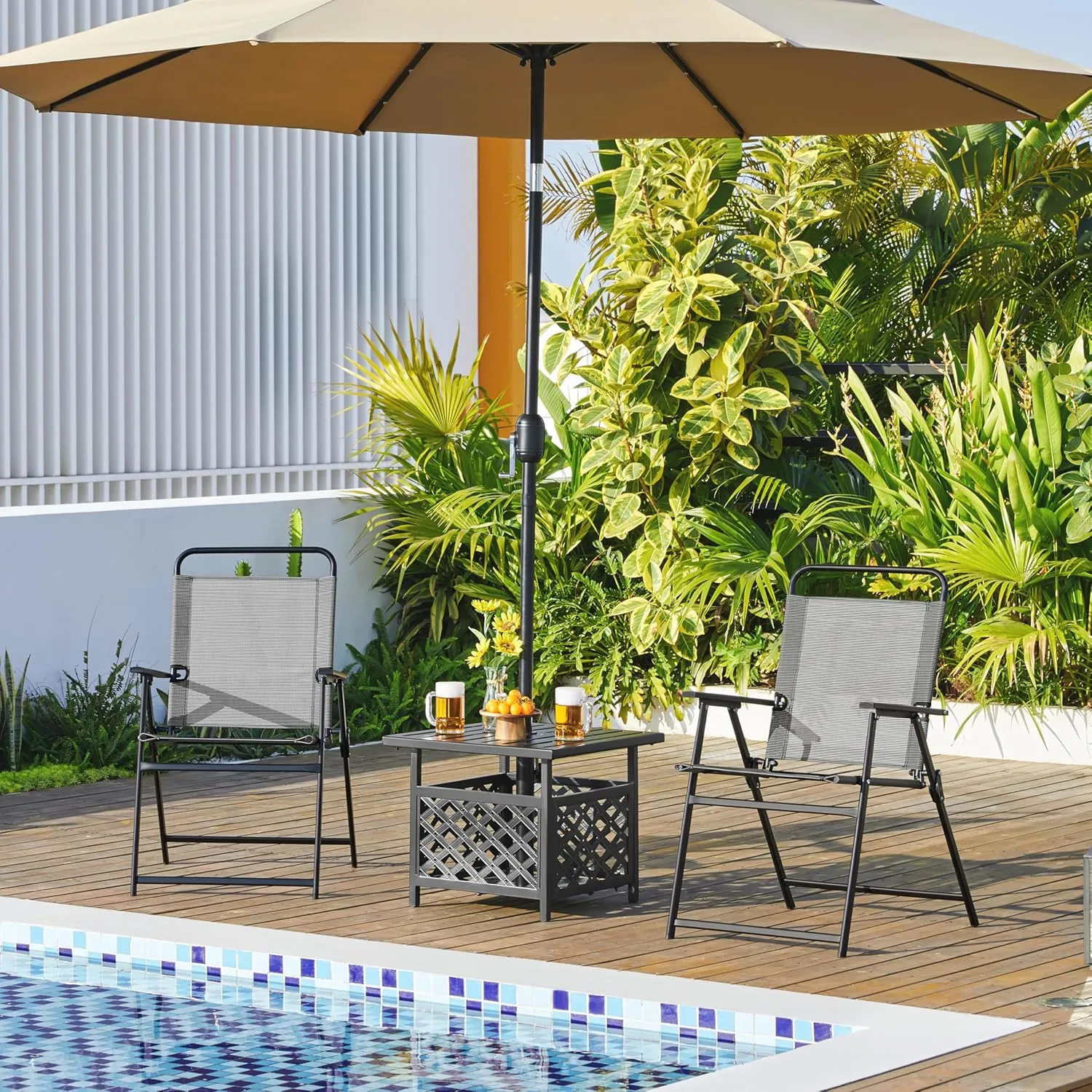 Yaheetech Outdoor Patio Chairs Set of 2, Folding Patio Chairs with Metal Frame, Armrests, Portable Dining Chairs for Camping, Lawn, Garden and Porch, Gray