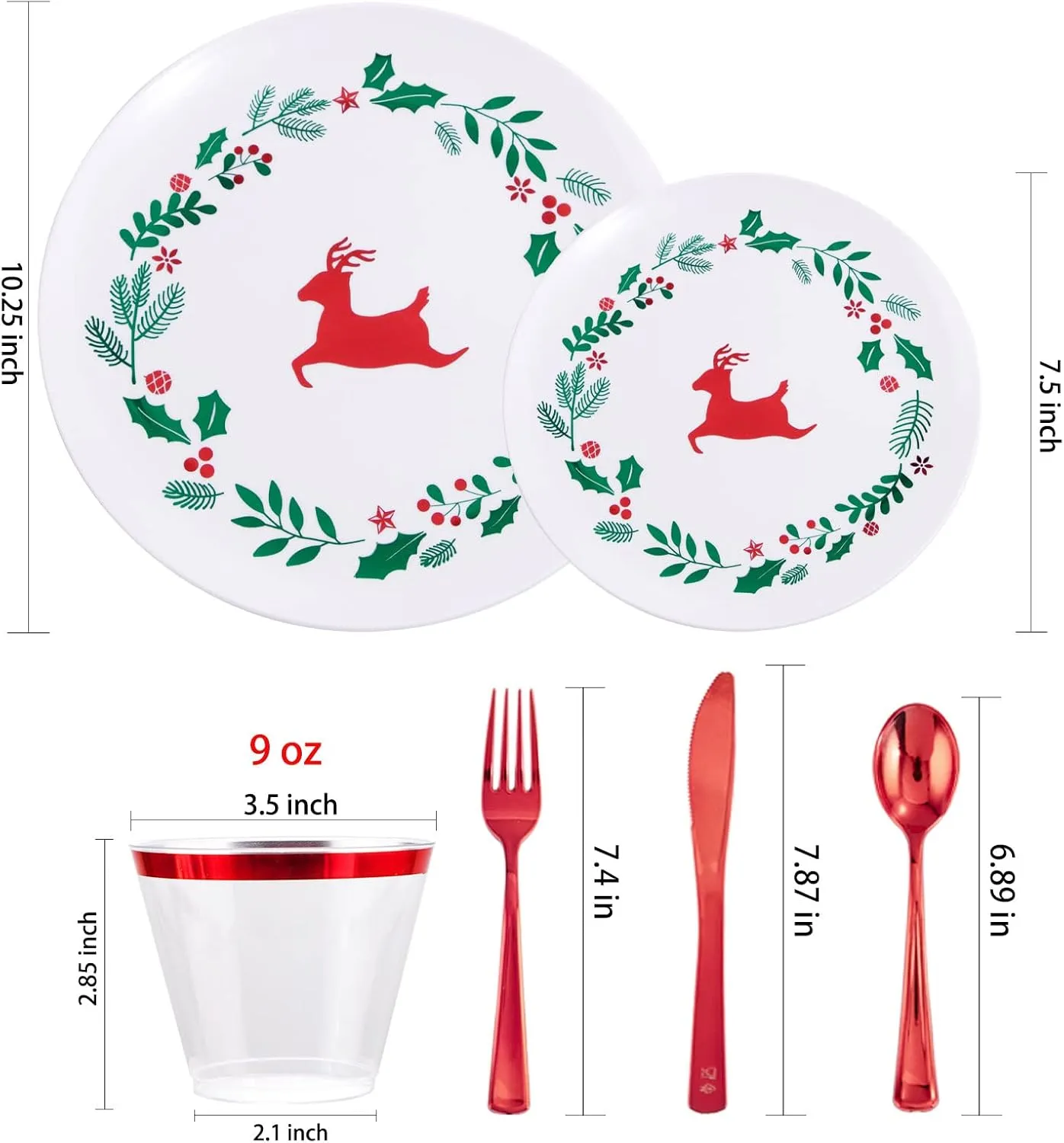 YOUBET 150Pieces Christmas Plastic Plates &Red Plastic Silverware -Christmas Disposable Plates includes 25Dinner Plates 25Dessert Plates 25Knives 25Forks 25Spoons 25Cups for Christmas&Party