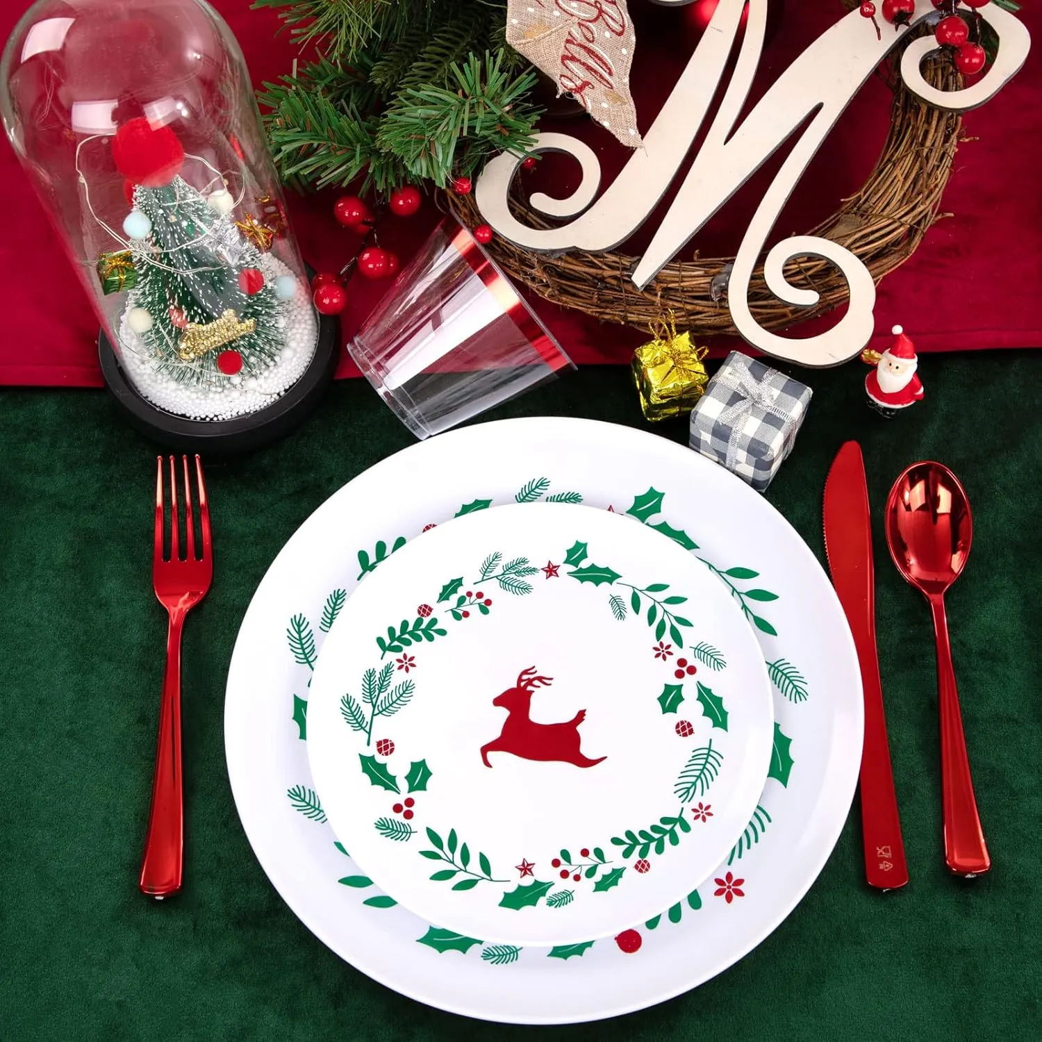 YOUBET 150Pieces Christmas Plastic Plates &Red Plastic Silverware -Christmas Disposable Plates includes 25Dinner Plates 25Dessert Plates 25Knives 25Forks 25Spoons 25Cups for Christmas&Party