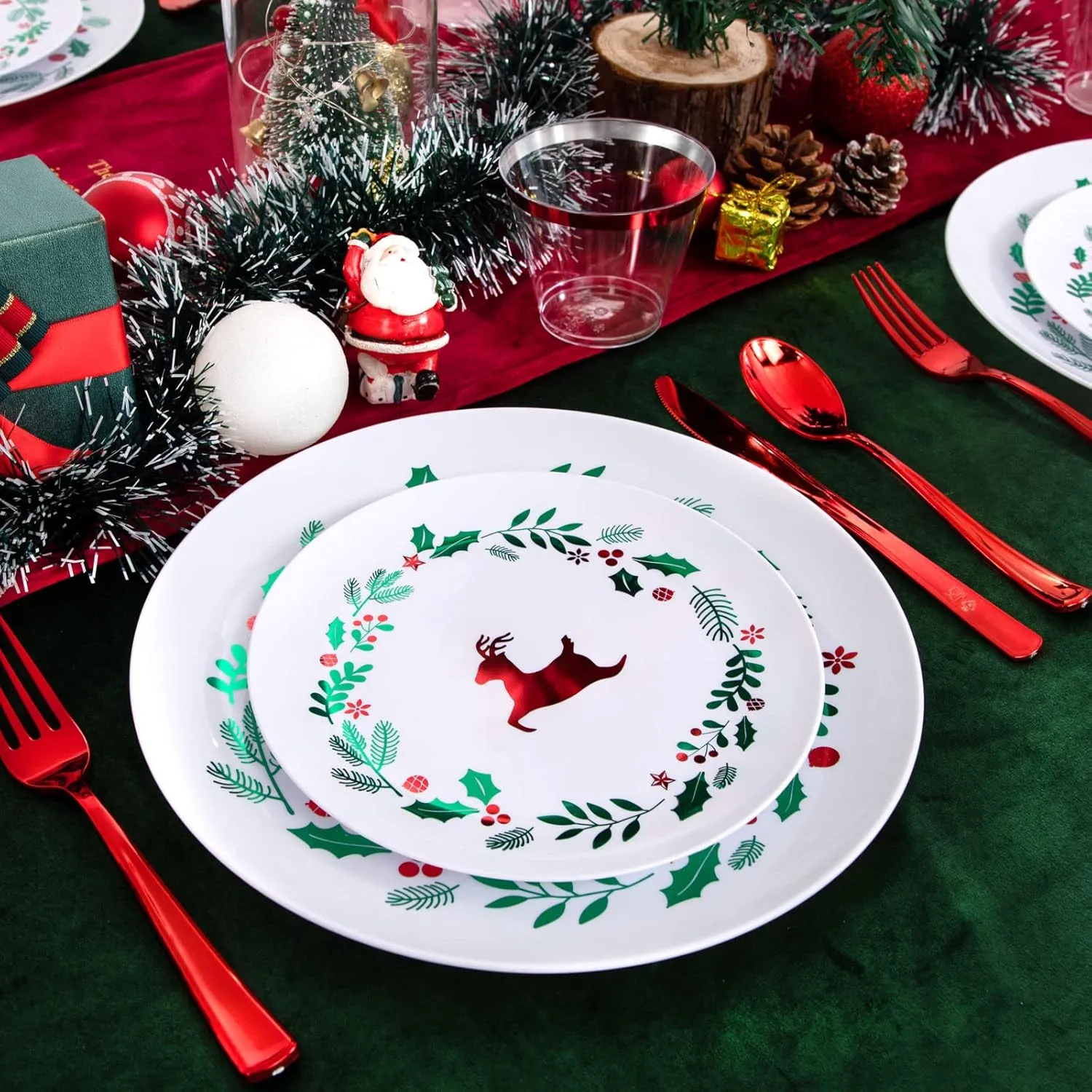 YOUBET 150Pieces Christmas Plastic Plates &Red Plastic Silverware -Christmas Disposable Plates includes 25Dinner Plates 25Dessert Plates 25Knives 25Forks 25Spoons 25Cups for Christmas&Party