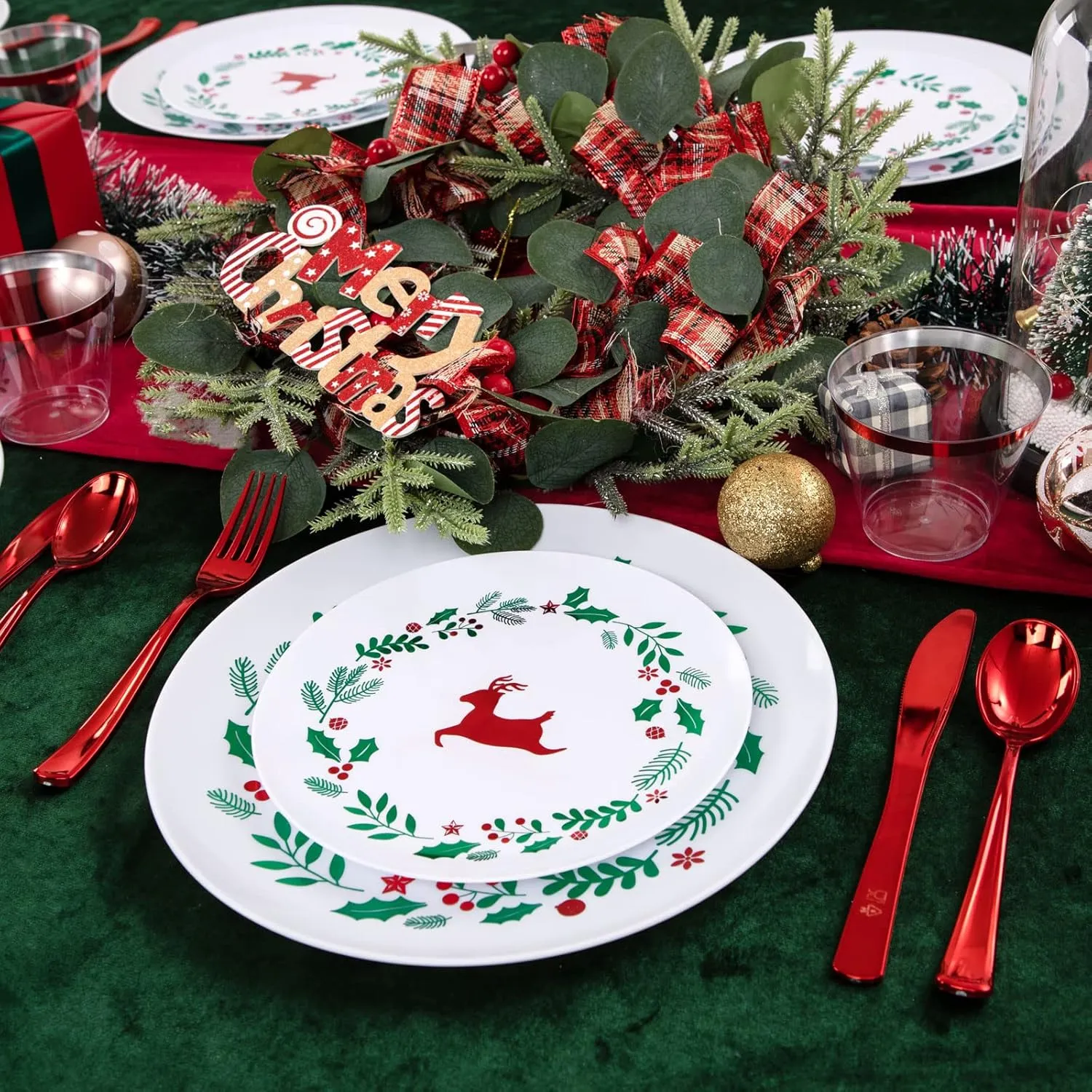 YOUBET 150Pieces Christmas Plastic Plates &Red Plastic Silverware -Christmas Disposable Plates includes 25Dinner Plates 25Dessert Plates 25Knives 25Forks 25Spoons 25Cups for Christmas&Party