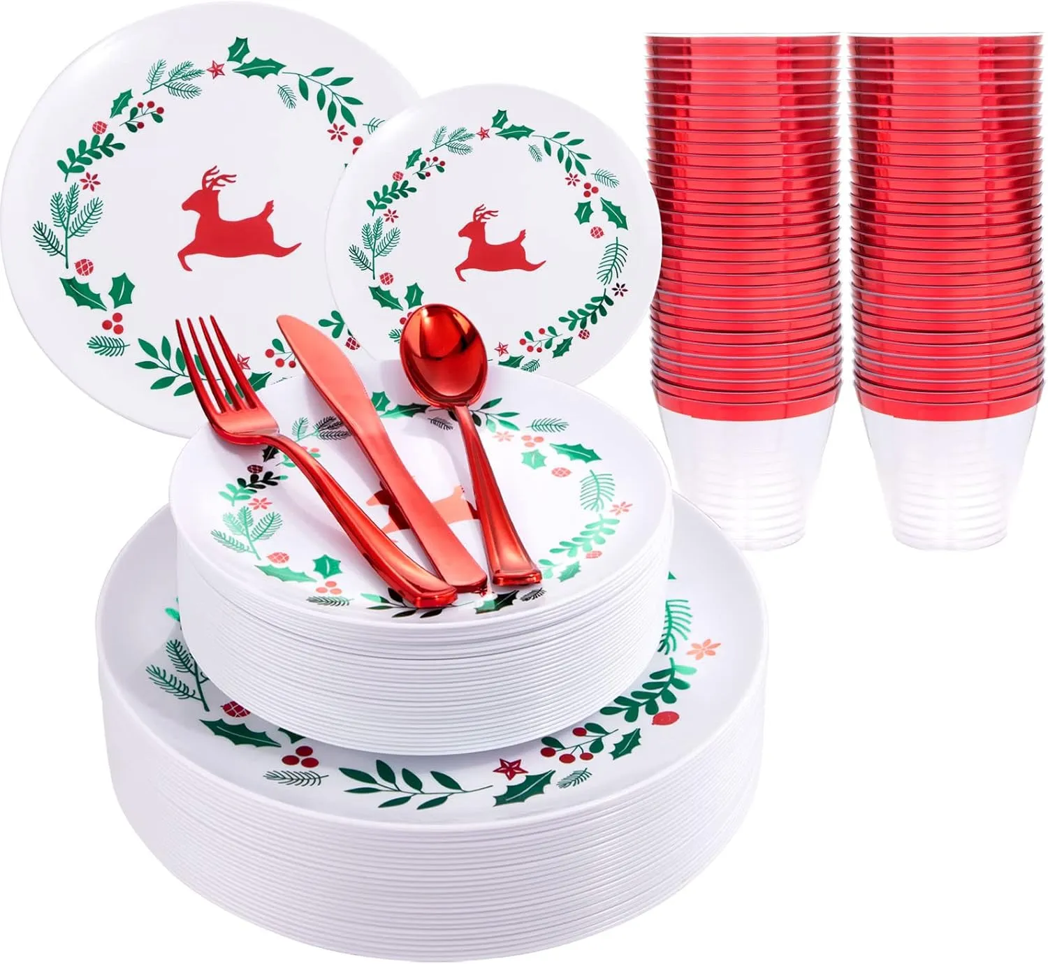 YOUBET 150Pieces Christmas Plastic Plates &Red Plastic Silverware -Christmas Disposable Plates includes 25Dinner Plates 25Dessert Plates 25Knives 25Forks 25Spoons 25Cups for Christmas&Party
