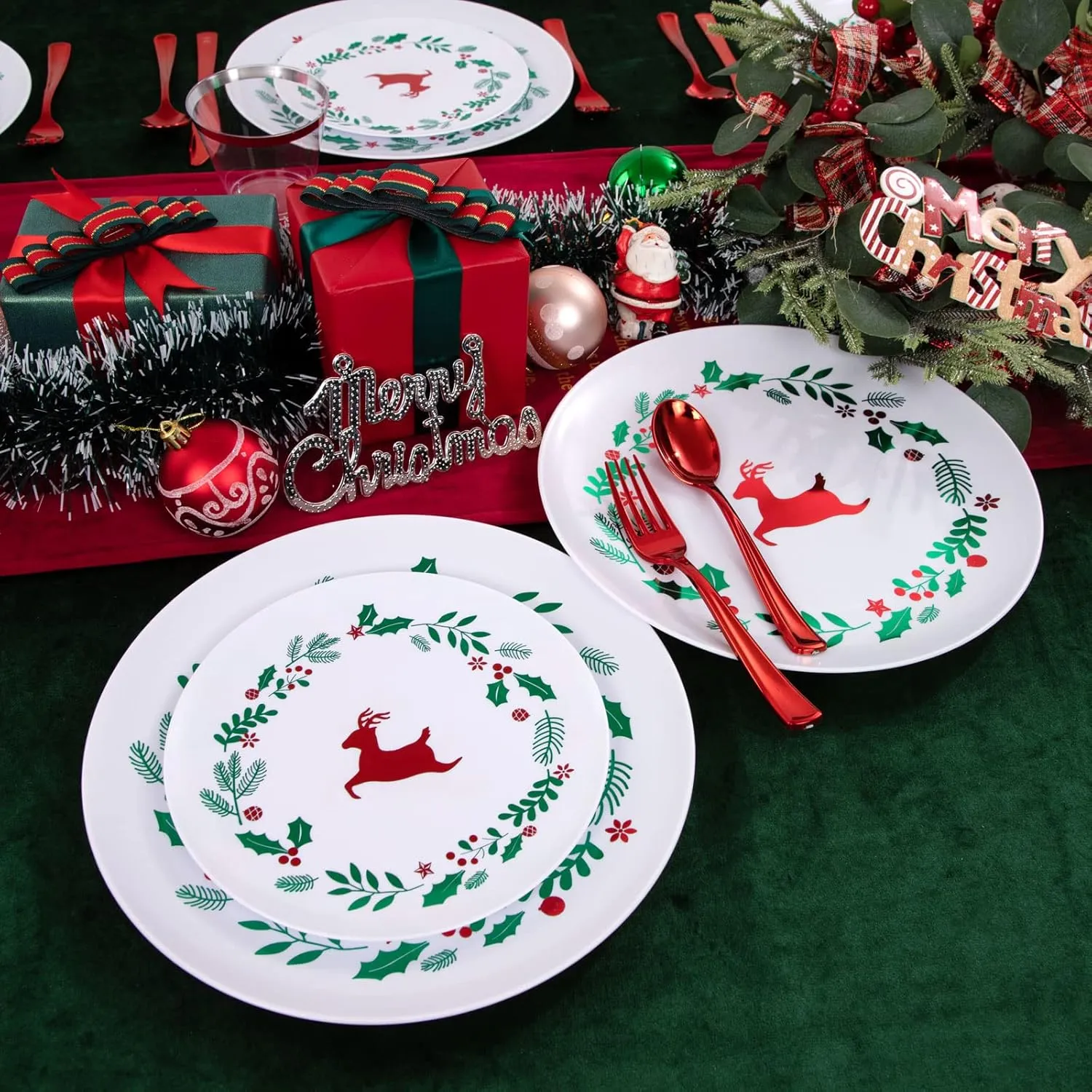 YOUBET 150Pieces Christmas Plastic Plates &Red Plastic Silverware -Christmas Disposable Plates includes 25Dinner Plates 25Dessert Plates 25Knives 25Forks 25Spoons 25Cups for Christmas&Party