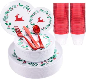 YOUBET 150Pieces Christmas Plastic Plates &Red Plastic Silverware -Christmas Disposable Plates includes 25Dinner Plates 25Dessert Plates 25Knives 25Forks 25Spoons 25Cups for Christmas&Party