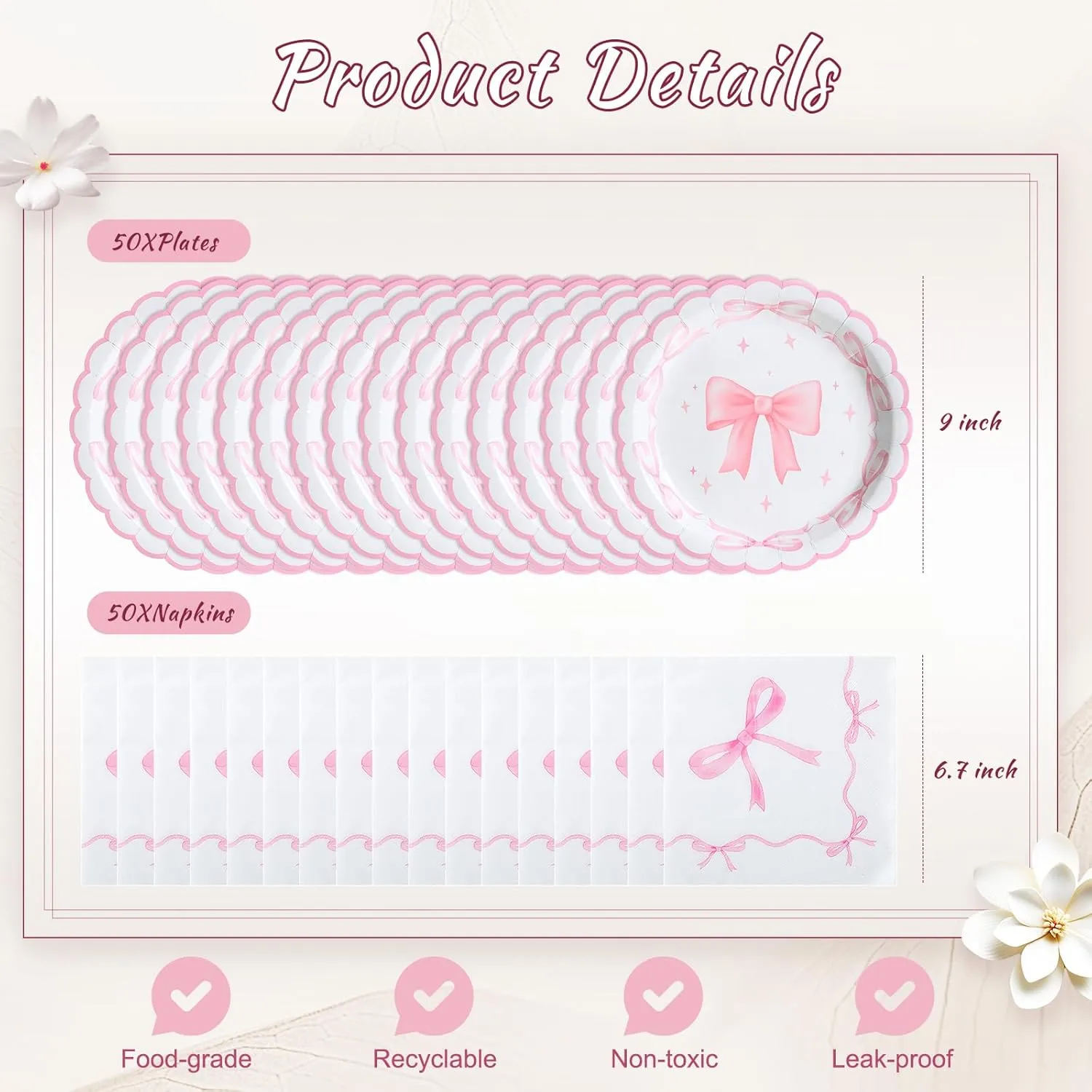 Yungyan 100 Pcs Coquette Birthday Decorations Bow Plates and Napkins Bow Themed Tableware Set for Bachelorette Bridal Engagement Coquette Party Decorations Serves 50(Pink)