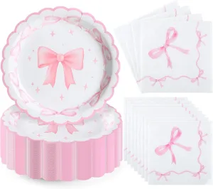Yungyan 100 Pcs Coquette Birthday Decorations Bow Plates and Napkins Bow Themed Tableware Set for Bachelorette Bridal Engagement Coquette Party Decorations Serves 50(Pink)