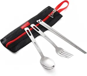 ZABEES Flatware Forks 3pcs Outdoor Tableware Set Camping Travel Portable Single Person Tableware Set Stainless Steel Chopsticks Spoon Fork Food Grade Forks