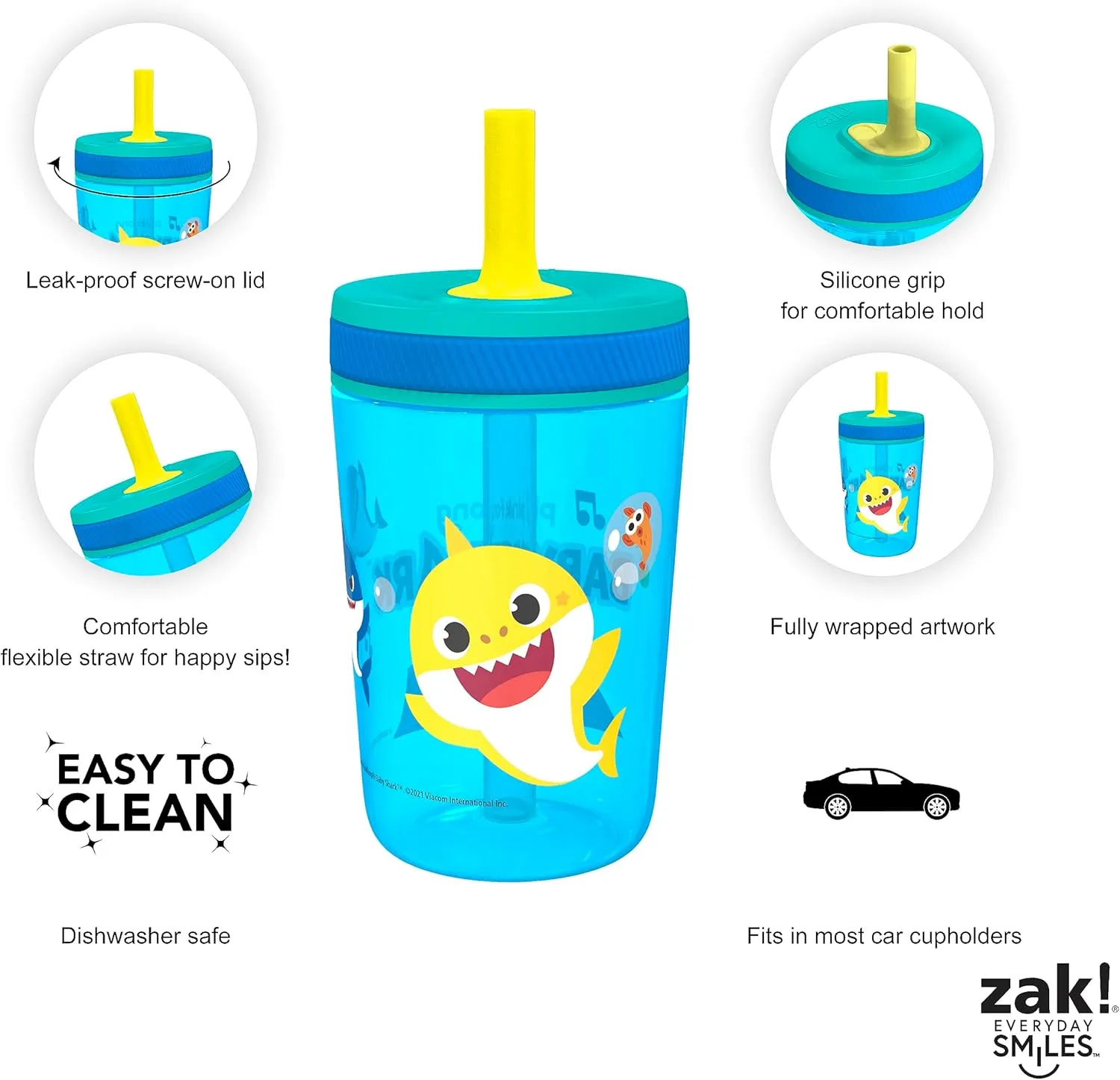 Zak Designs Baby Shark Kelso Tumbler Set, Leak-Proof Screw-On Lid with Straw, Bundle for Kids Includes Plastic and Stainless Steel Cups with Bonus Sipper (3pc Set, Non-BPA)15 fl oz.