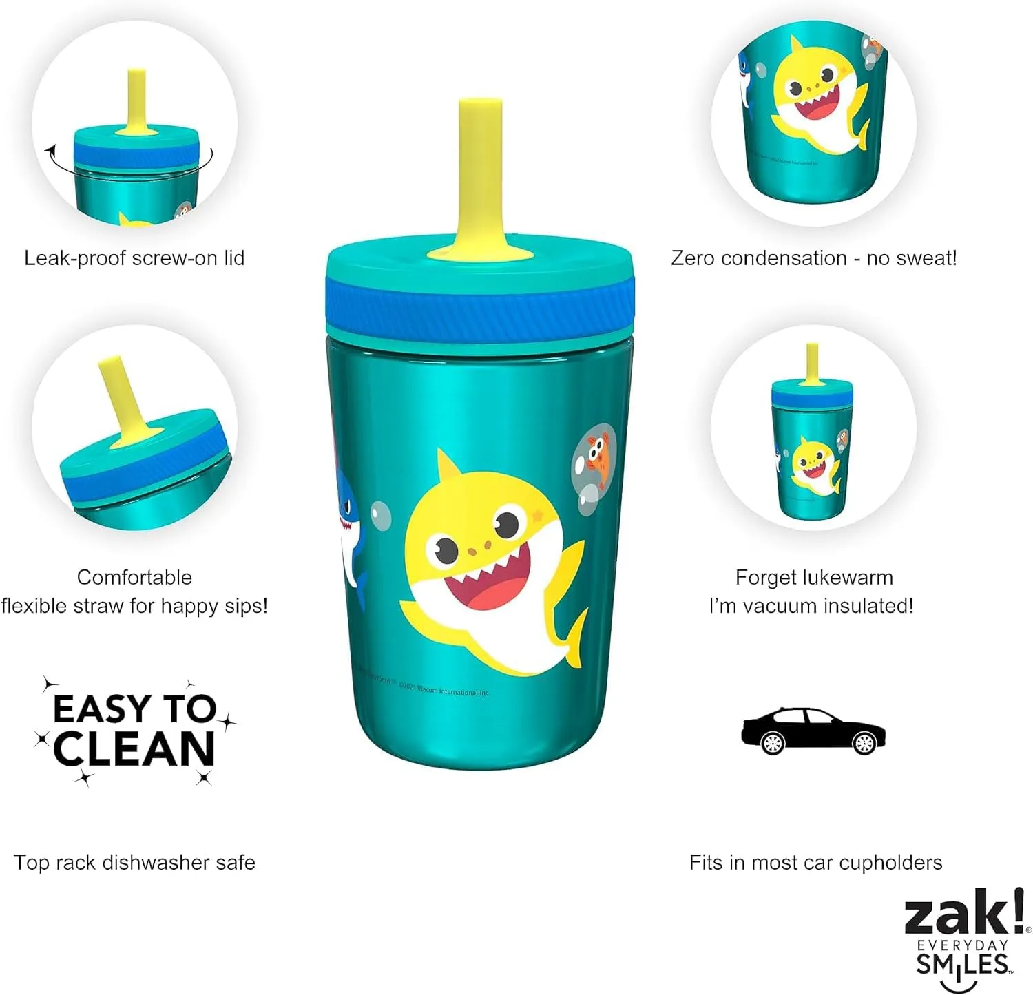 Zak Designs Baby Shark Kelso Tumbler Set, Leak-Proof Screw-On Lid with Straw, Bundle for Kids Includes Plastic and Stainless Steel Cups with Bonus Sipper (3pc Set, Non-BPA)15 fl oz.