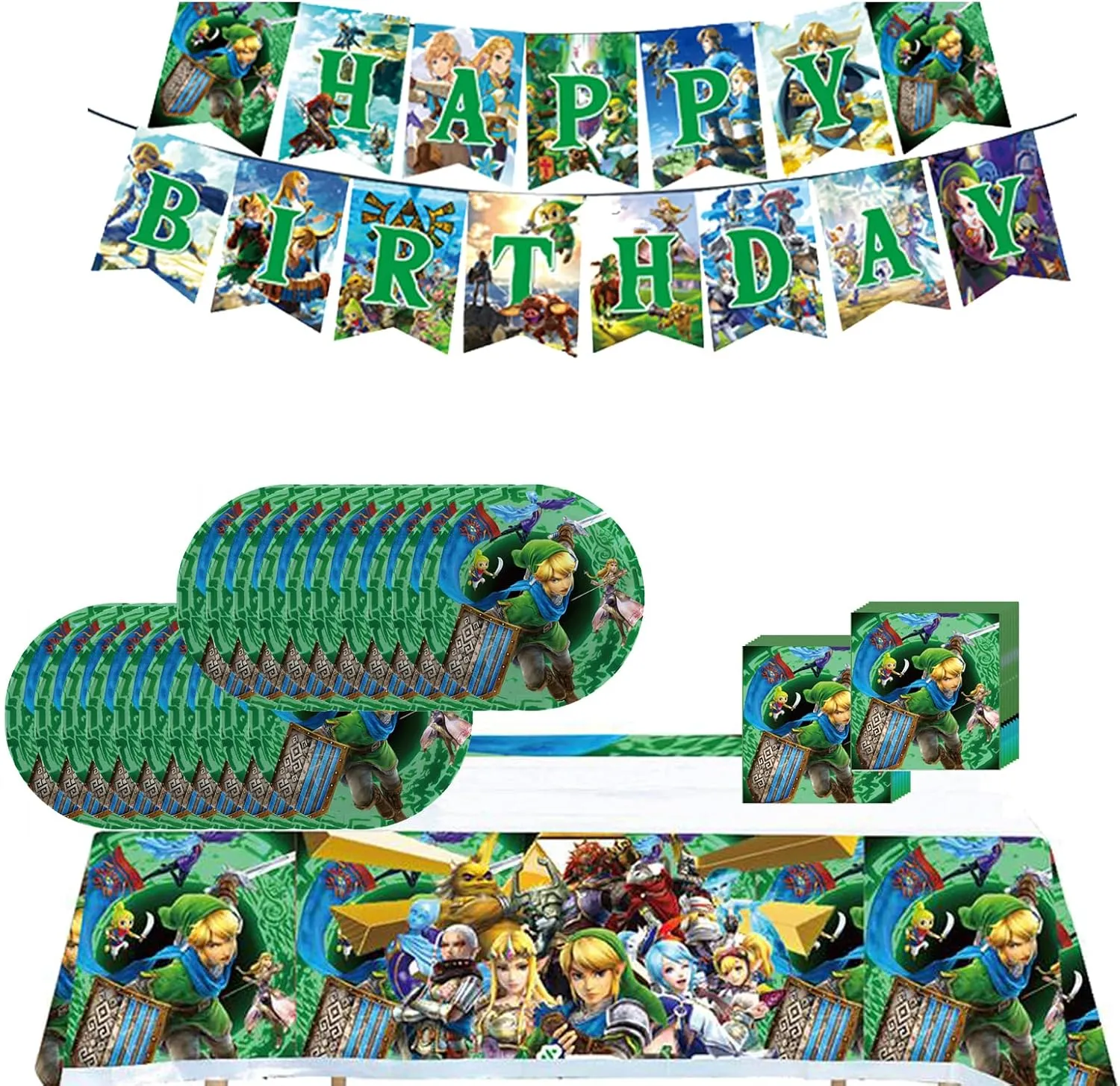 Zel-da Game Party Birthday Supplies, Legend Game Theme Party Tableware with Happy Birthday Banner, Tablecloth, Disposable 7" Paper Plates with Napkins for Kids Party Supplies Decorations