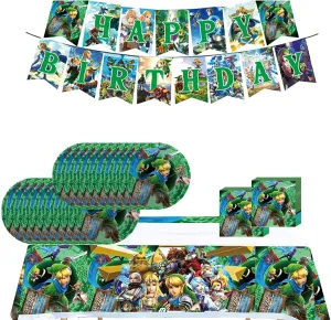 Zel-da Game Party Birthday Supplies, Legend Game Theme Party Tableware with Happy Birthday Banner, Tablecloth, Disposable 7" Paper Plates with Napkins for Kids Party Supplies Decorations