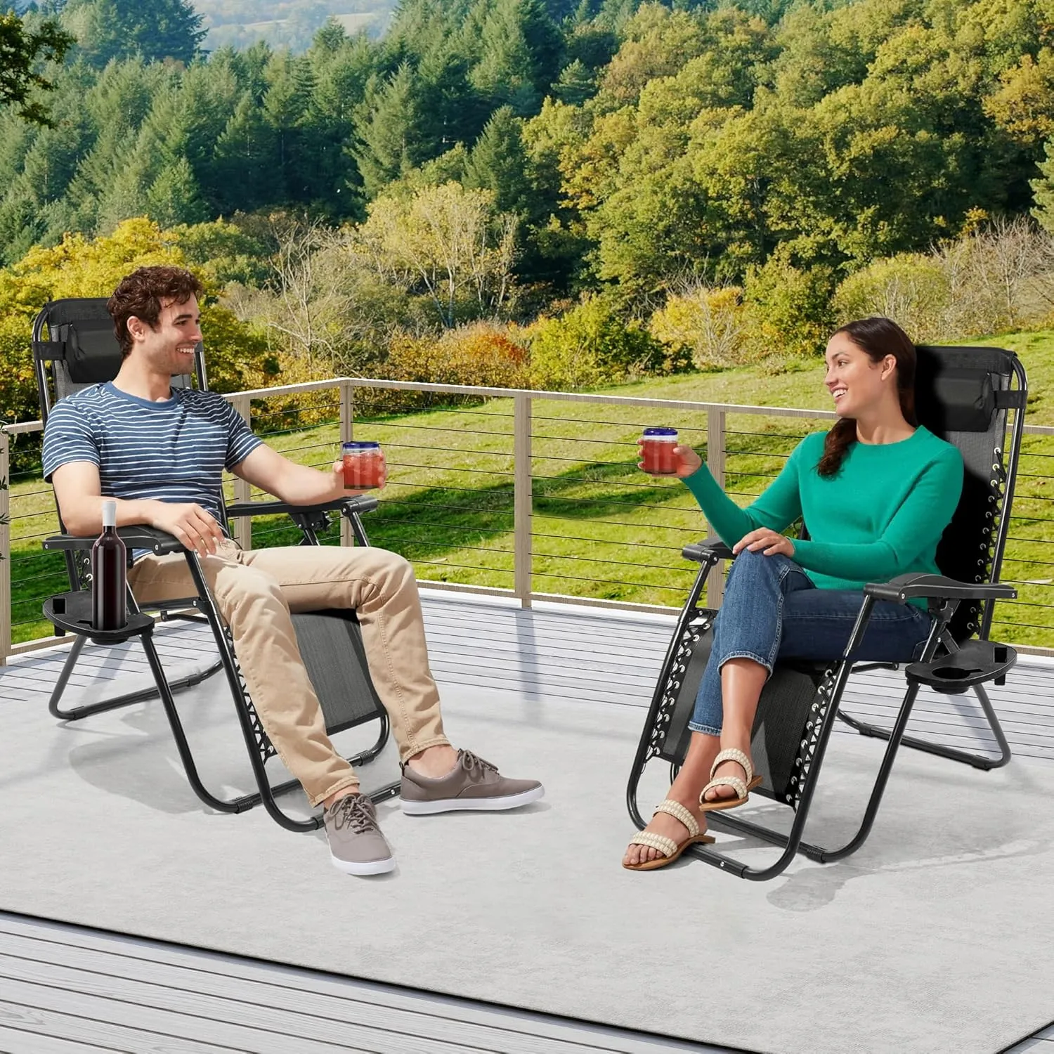 Zero Gravity Chair with Cup Holder & Removable Pillow, Adjustable Reclining Outdoor Patio Folding Chairs for Adults Portable Lounge Chair Furniture for Poolside, Lawn, Beach, Camping, Black