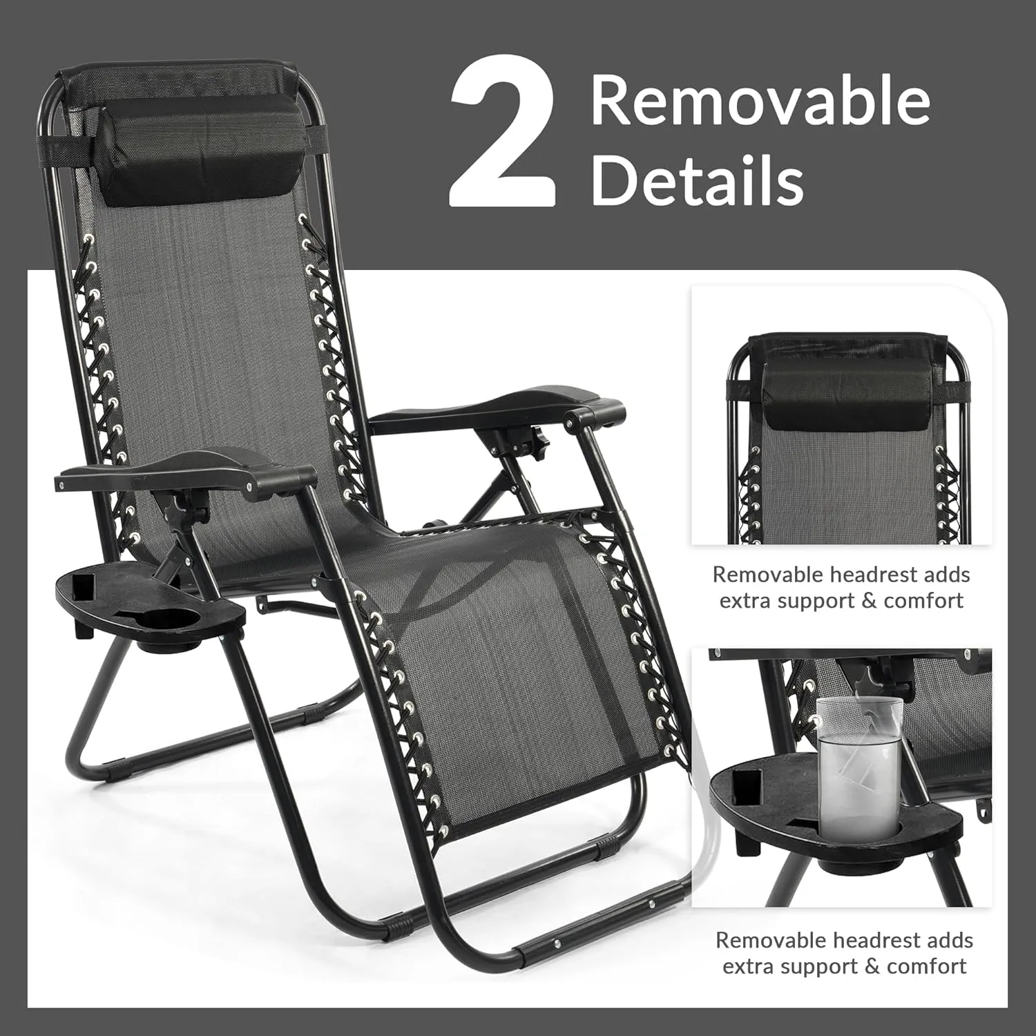 Zero Gravity Chair with Cup Holder & Removable Pillow, Adjustable Reclining Outdoor Patio Folding Chairs for Adults Portable Lounge Chair Furniture for Poolside, Lawn, Beach, Camping, Black