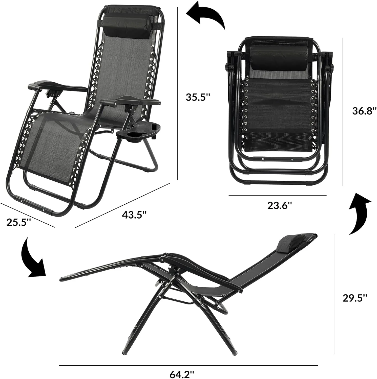 Zero Gravity Chair with Cup Holder & Removable Pillow, Adjustable Reclining Outdoor Patio Folding Chairs for Adults Portable Lounge Chair Furniture for Poolside, Lawn, Beach, Camping, Black
