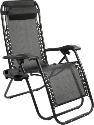 Zero Gravity Chair with Cup Holder & Removable Pillow, Adjustable Reclining Outdoor Patio Folding Chairs for Adults Portable Lounge Chair Furniture for Poolside, Lawn, Beach, Camping, Black