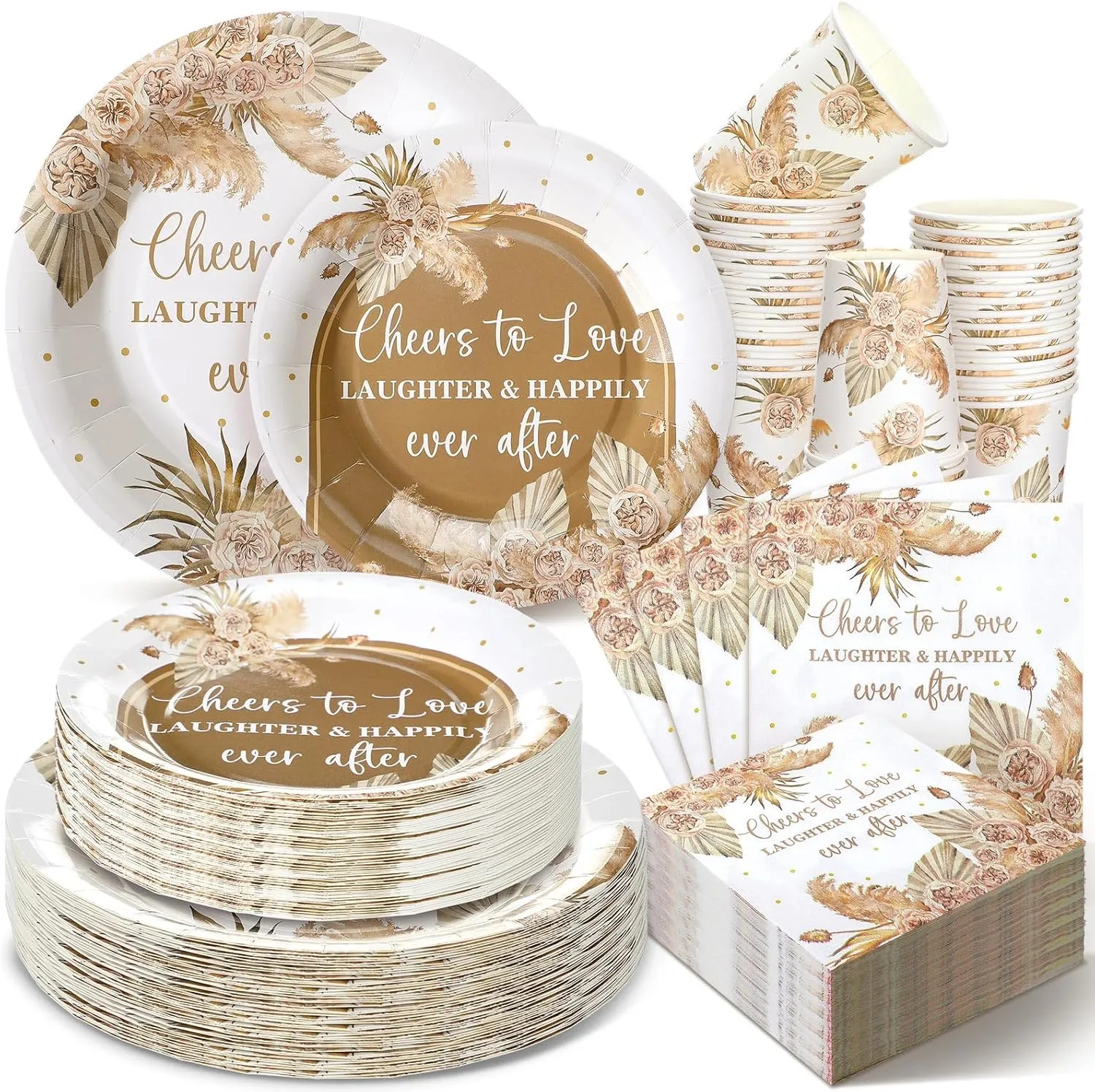 Zhehao 250 Pcs Bohemian Bridal Shower Plates Napkins Sets 50 Pcs 9'' Dinner Plates and 7'' Dessert Plate and 9oz Cups 100 Napkins Serves 50 Party Supplies Bridal Shower Engagement Decoration