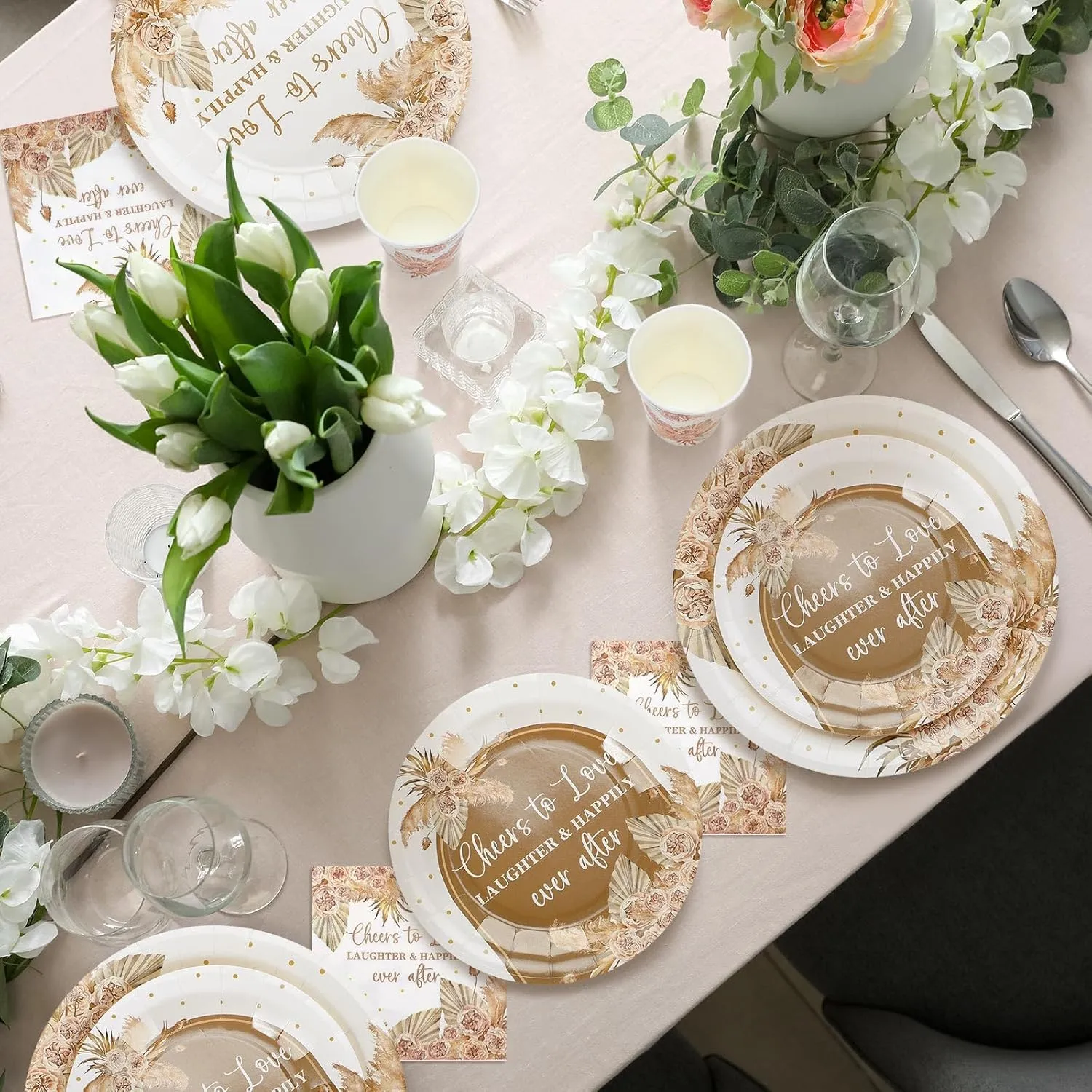 Zhehao 250 Pcs Bohemian Bridal Shower Plates Napkins Sets 50 Pcs 9'' Dinner Plates and 7'' Dessert Plate and 9oz Cups 100 Napkins Serves 50 Party Supplies Bridal Shower Engagement Decoration
