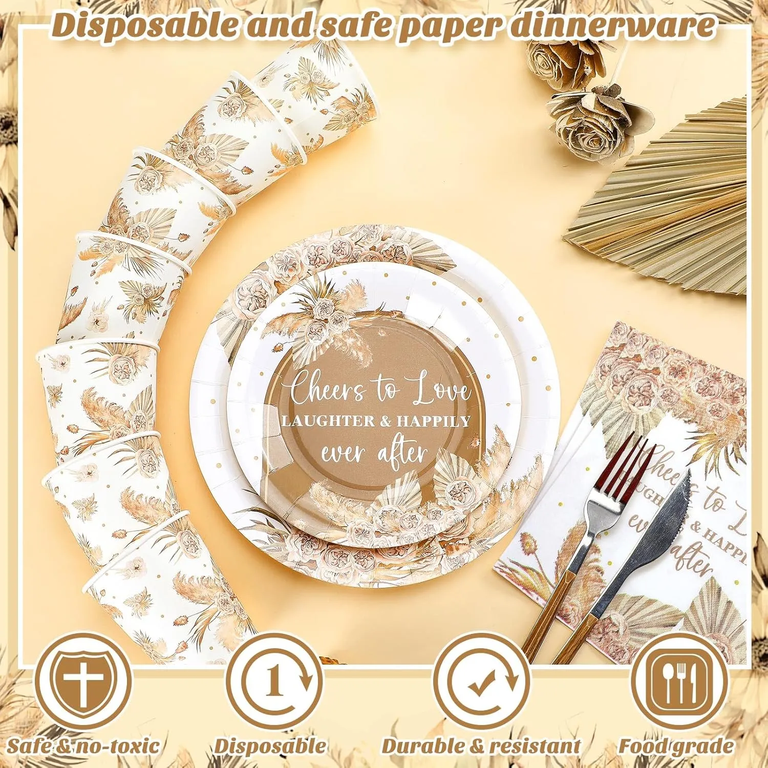 Zhehao 250 Pcs Bohemian Bridal Shower Plates Napkins Sets 50 Pcs 9'' Dinner Plates and 7'' Dessert Plate and 9oz Cups 100 Napkins Serves 50 Party Supplies Bridal Shower Engagement Decoration