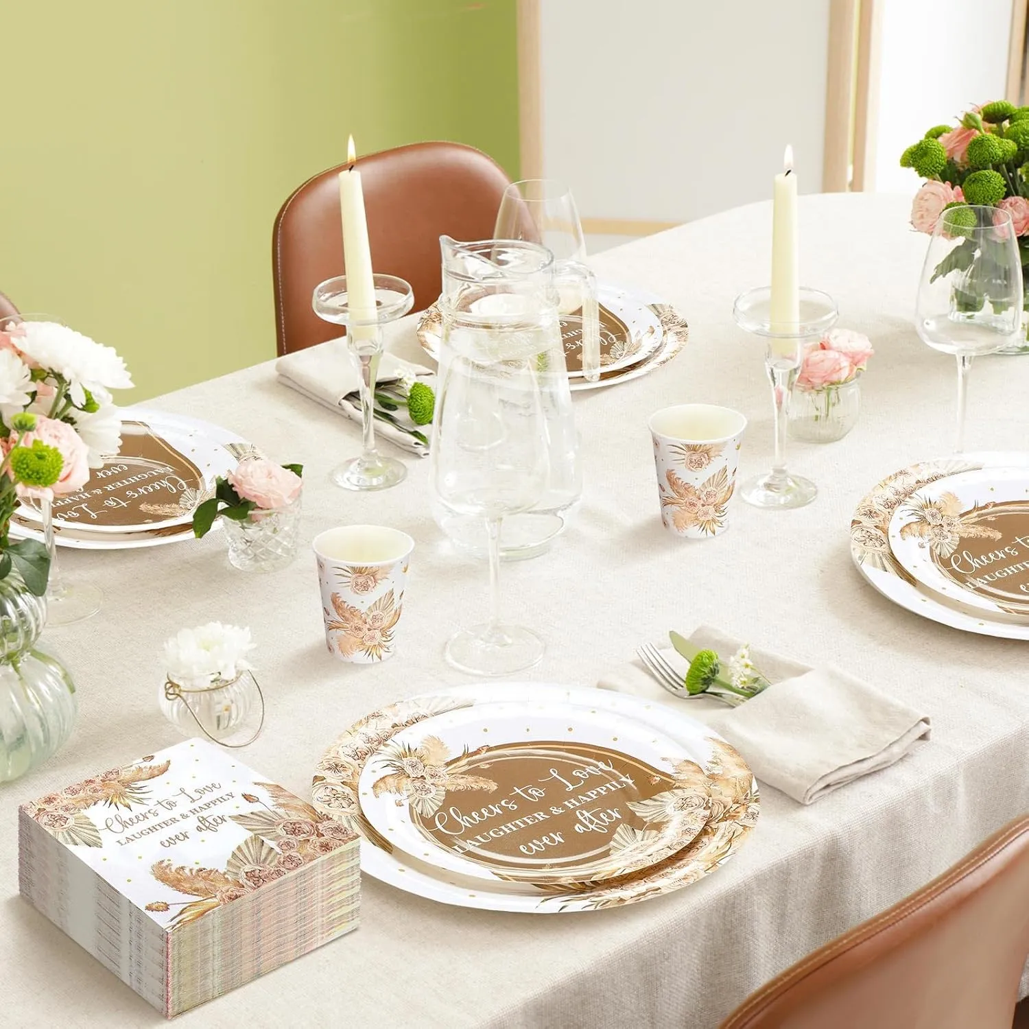 Zhehao 250 Pcs Bohemian Bridal Shower Plates Napkins Sets 50 Pcs 9'' Dinner Plates and 7'' Dessert Plate and 9oz Cups 100 Napkins Serves 50 Party Supplies Bridal Shower Engagement Decoration