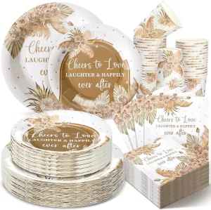 Zhehao 250 Pcs Bohemian Bridal Shower Plates Napkins Sets 50 Pcs 9'' Dinner Plates and 7'' Dessert Plate and 9oz Cups 100 Napkins Serves 50 Party Supplies Bridal Shower Engagement Decoration